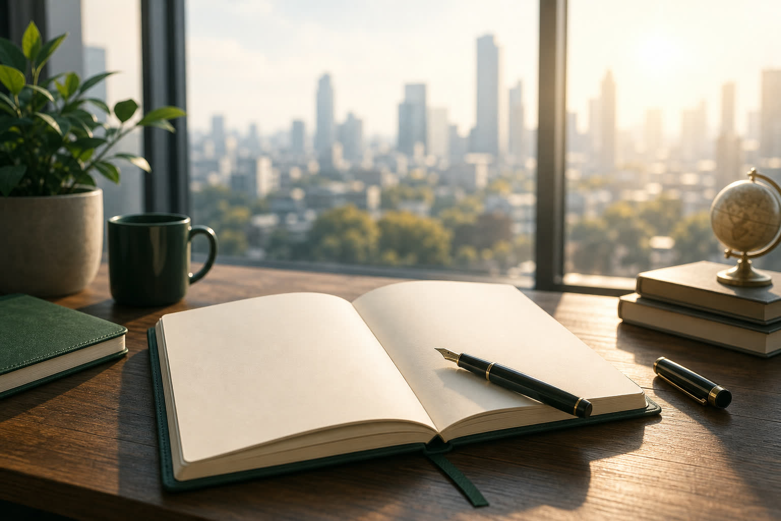 Planning notebook on a desk with city light